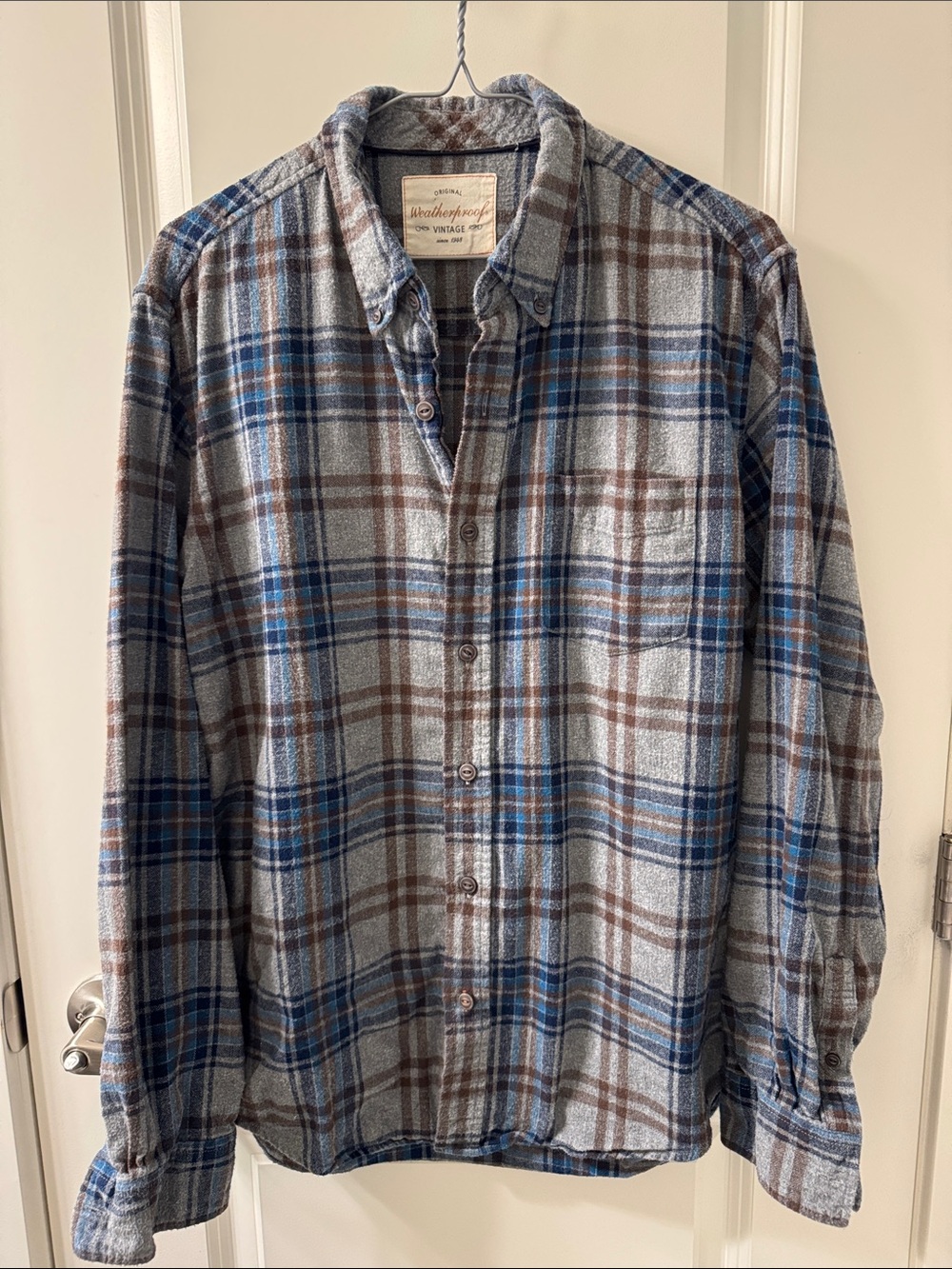 Woolrich Vintage Gray, Blue & Brown Plaid Flannel Button-Down Medium